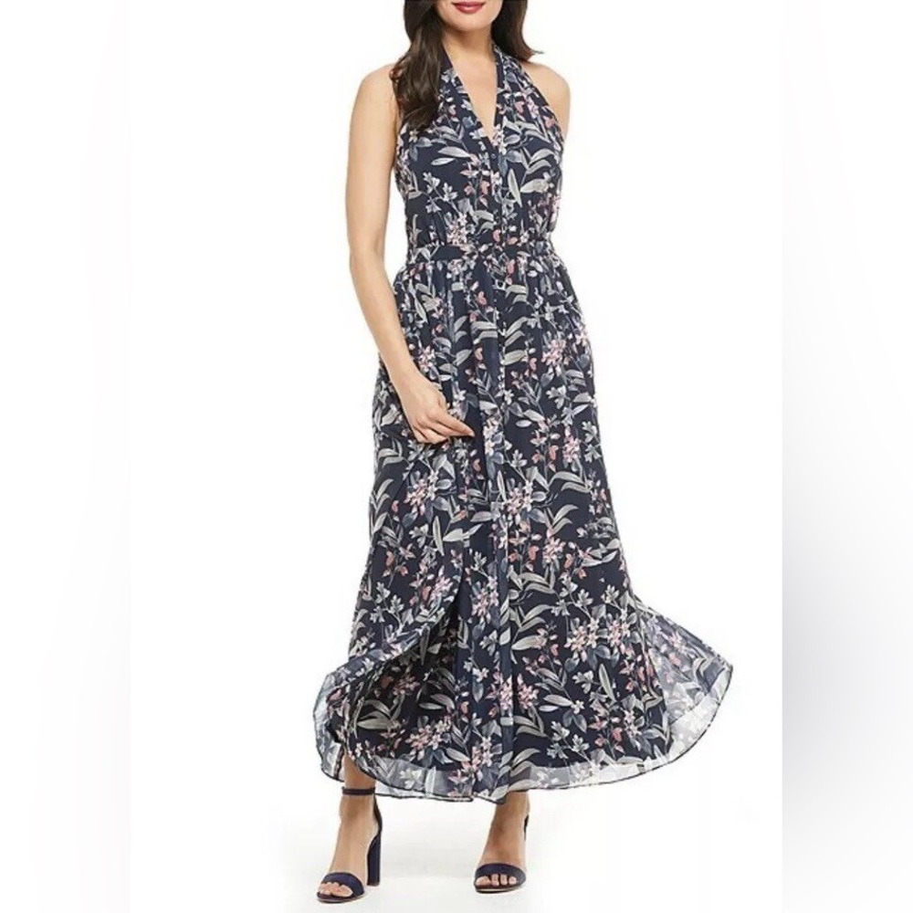 Gal Meets Glam Siena Floral Chiffon Halter Maxi Dress Navy Size 2